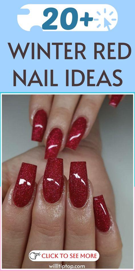 ❄️ Embrace the fiery allure of Winter Red Nail Ideas that will set your cold-weather style ablaze with passion and sophistication! ❤️ From deep crimson hues to sparkling ruby tones, our curated selection of red nail designs is perfect for adding a touch of bold elegance to your seasonal look. Stand out in the winter landscape with these chic and trendy red nail ideas that will keep you looking fabulous and on-trend throughout the season. #WinterRedNails #PassionateElegance #SophisticatedManicure Long Nail Designs Red And Black, Dip Powder Nails Holiday, December Nail Ideas Gel, Red Christmas Nail Ideas, Red And White Nails Ideas, Red Glitter Gel Nails, Red Sparkle Christmas Nails, Sparkly Red Nails Acrylic, Red And Glitter Nails