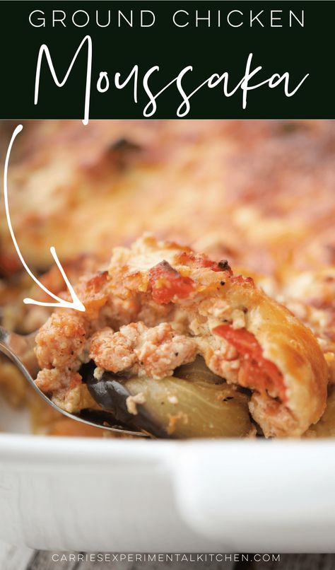 This healthier version of Moussaka is made with ground chicken, sweet potatoes and eggplant; then topped with a creamy Bechamel sauce. Ground Chicken High Protein Meals, Ground Chicken And Sweet Potato Recipes, Ground Chicken High Protein, Chicken Moussaka, Ground Chicken And Eggplant Recipes, Macro Friendly Ground Chicken Recipes, Healthy Ground Chicken, Chicken Sweet Potatoes, Chicken Eggplant