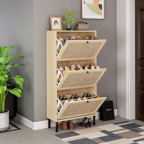 SSLine Farmhouse Shoe Cabinet with 3 Flip Down Storage Shelves Free-Standing Shoe Rack Rustic Wood Shoe Storage Organizer with Unique Rattan Decor for Entryway Hallway Doorway (D Type-Natural-3 Door) Wood Shoe Storage, Entryway Shoe, Wood Shoes, Shoe Storage Cabinet, Storage Hacks, Closet Bedroom, Shoe Organizer, Shoe Cabinet, Closet Storage