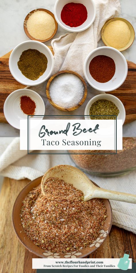 spices in white bowls on a wooden cutting board, then a blend of spices in a brown flowered bowl with a white spoon. Beef Taco Seasoning Recipe, Ground Beef Taco Seasoning Recipes, Canning Taco Meat, Copycat Taco Seasoning, Taco Seasoning Recipes, Homemade Taco Meat, Bison Tacos, Taco Meat Seasoning, Taco Spice Blend