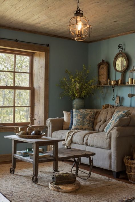 Get ready to transform your space with the top rustic trends of 2024. Discover cozy retreat ideas for a trendy home makeover. #ad     #Colortrend #wallpaint2024  #color2024  #DIYpainting  ##DIYhomedecor  #Fixhome Cabin Interiors Living Room, Rustic Cottage Interiors, Michigan Living, Aqua Living Room, Rustic Paint Colors, Rustic Chic Living Room, Tan Living Room, Color Palette Living Room, Cabin Living Room