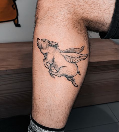 Pink Floyd Pig Tattoo, Pig With Wings Tattoo, Flying Pig Tattoo, Pink Floyd Tattoo, Pig Tattoo, Flying Tattoo, Wing Tattoo, Calf Tattoo, Flying Pig