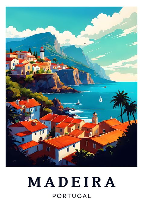 Madeira Poster, Coastal Village Scenic Art Madeira Aesthetic, Portugal Poster, Around The World Party, Posters Modern, Coastal Village, Travel Poster Design, Poster Aesthetic, World Party, Scenic Art