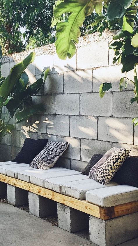 Create a sturdy, modern cinder block bench for your patio with this easy DIY project! Ideal for outdoor seating, this bench uses affordable materials like cinder blocks and wood planks to create a stylish, industrial-inspired look. Perfect for adding functional seating to your backyard, garden, or patio area. 🛠🌿 #DIYCinderBlockBench #OutdoorSeating #PatioFurniture #IndustrialDecor Cinder Block Patio, Diy Cinder Block Bench, Cinder Block Diy, Simple Outdoor Seating, Cinder Blocks Diy, Cinder Block Furniture, Cinder Block Bench, Block Bench, Diy Outdoor Seating