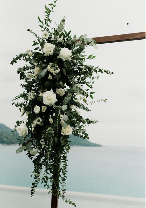 Sage Green And White Florals, Green And White Arbor Flowers, White And Green Arch Flowers, Dark Green And White Flowers, Sage Green Wedding Arbor, White And Dark Green Wedding Flowers, Green And White Arch Wedding, White Arbour Flowers, Dark Green Wedding Arch