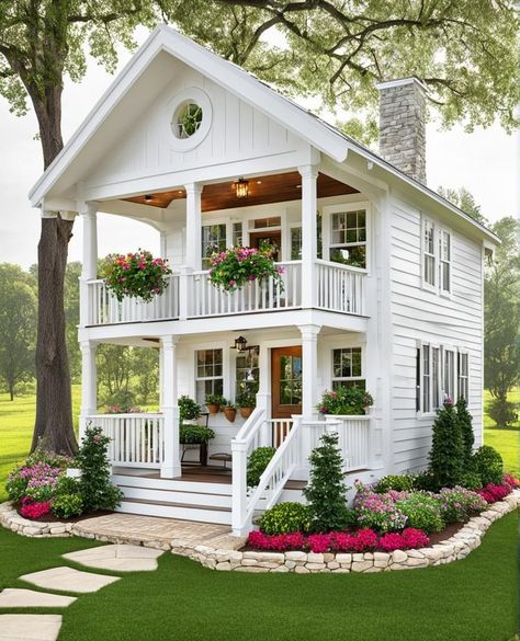 House With A Terrace, Tiny House Wrap Around Porch, Small Simple House Exterior, Wrap Around Porch Small House, Small Home With Porch, Cute Cottage Aesthetic, Lake Tiny House, Small Home Design Ideas Exterior, Cute Starter Homes