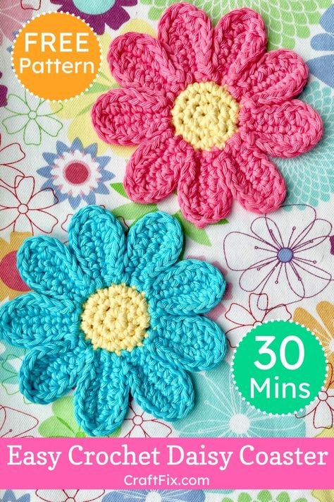 Crochet cute flowers in minutes with this free quick & easy pattern Daisy Coasters Crochet, What To Crochet When Bored Easy Beginner, Flower Crochet Coaster Free Pattern, Crochet Flower Applique Free Pattern, Crochet Flower Coasters Free Pattern, Crochet Motif Patterns Free, Crochet Daisy Pattern Free, Crochet Flowers Free Pattern Easy, Crochet Flower Pattern Free