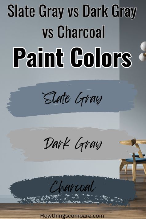 Slate Gray vs Dark Gray vs Charcoal: Paint Colors Compared Gray is a surprisingly tricky color. The modern decorating tone of greige, a combination of gray and beige, actually makes decorating harder. This article will compare slate gray, dark gray, and charcoal colors. slate gray paint color | dark gray paint color | charcoal paint color Slate Gray Paint, Behr Gray Paint, Dark Gray Paint Colors, Dark Brown Floor, Dark Grey Carpet, Grey Laundry Rooms, Grey Drapes, Blue Grey Walls, Charcoal Paint