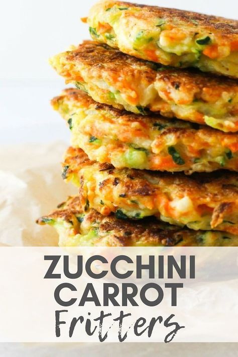 Zucchini Carrot Fritters - Brighten up fritters with a healthy twist. Add these Zucchini Carrot Fritters as a nutritious and delicious side dish for dinner and freeze a batch to enjoy later. via Chef Julie Harrington, RD @ChefJulie_RD #fritters #zucchini #carrot #plantbased #sidedish #glutenfree Carrot And Zucchini Recipes, Zucchini Carrot Fritters, Fritters Zucchini, Beans Sprouts, Healthy Baked Snacks, Carrot Fritters, Side Dish For Dinner, Zucchini Carrot, Fritters Recipe