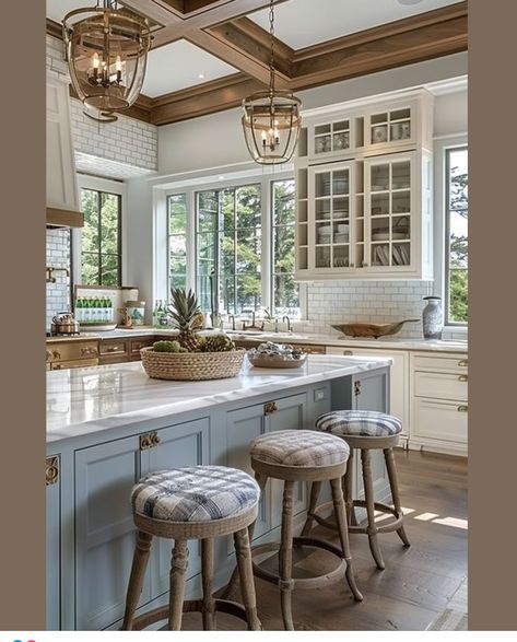 Farmhouse Decor With Blue Accents, Nantucket Kitchen Ideas, Open Airy Kitchen, Different Color Island In Kitchen, Country Kitchens Ideas, Lake House Kitchen Ideas, Blue Farmhouse Kitchen, Country Coastal Decor, Farmhouse Kitchen Design Ideas