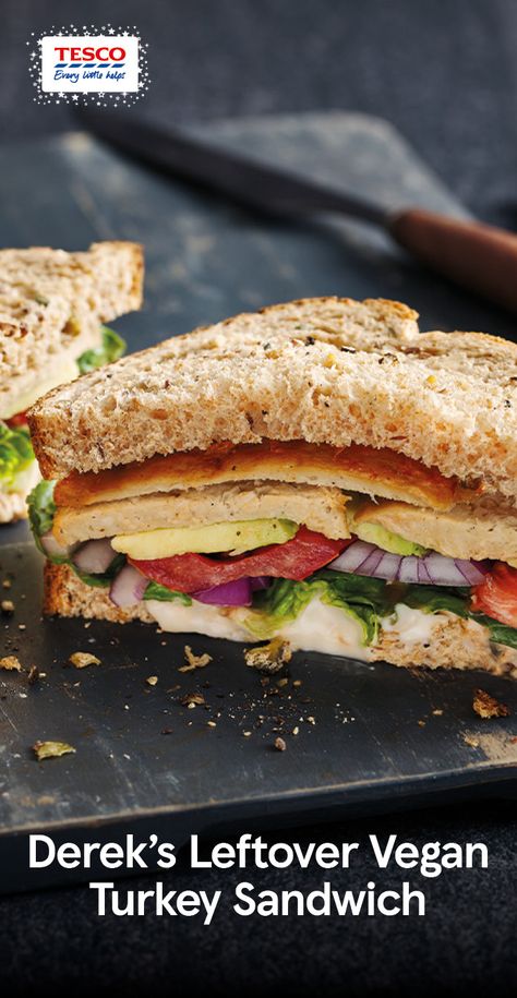 You can't beat a good Christmas sarnie. Check out Derek Sarno's vegan version of a leftover turkey sandwich - an absolute festive classic! | Tesco Derek Sarno Recipes, Vegan Turkey, Turkey Sandwiches Recipes, Tesco Real Food, Leftover Turkey, Christmas Food Dinner, Turkey Sandwiches, Juicy Tomatoes, Christmas Pudding