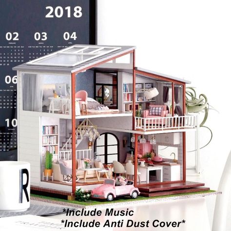 Shopee Small House Model, Mini Moderns, Dollhouse Miniatures Diy, Diy Building, Dollhouse Kits, Wooden Dollhouse, Miniature Diy, House Miniature, Miniature Houses