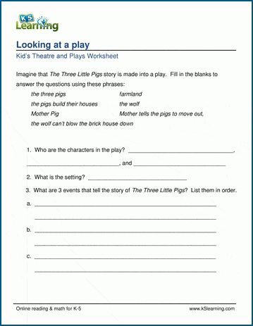 Drama worksheets for primary and elementary school age kids. Sample plays also available. Free worksheets from K5 Learning. Drama Worksheets, Play Worksheet, What Is Drama, Increase Reading Fluency, Three Little Pigs Story, Theatre Classroom, Cursive Writing Worksheets, Scientific Notation, Short Play