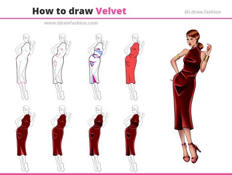 Drawing Velvet Fabric, How To Color Velvet Fabric Drawing, Velvet Texture Drawing, How To Draw Velvet Fabric, Velvet Rendering Illustration, How To Draw Velvet, How To Draw Fabric Texture, How To Draw Fabric, Drawing Velvet