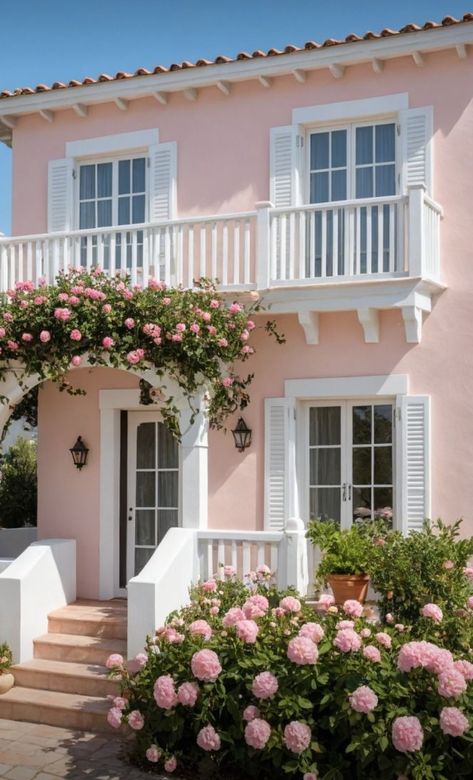 Cute House Ideas Exterior, Pastel Pink House Exterior, Pink Beach House Exterior, Light Pink House Exterior, 50s House Exterior, Pastel House Exterior, Light Pink House, Pink House Exterior, Pink Beach House