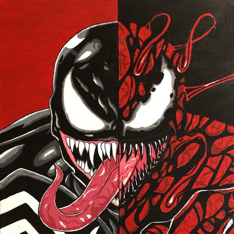 #venom #carnage #marvel #painting Spiderverse Venom, Split Portrait, Art Spiderman, Carnage Marvel, Venom Carnage, Venom Art, Venom Comics, Bd Art, Marvel Tattoos