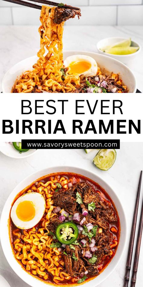 Take your ramen to the next level with this bold Birria Ramen fusion! Rch, slow-cooked flavors of birria, perfectly paired with the satisfying slurp of ramen noodles. This irresistible mashup of Mexican and Japanese flavors promises a comforting, flavorful experience like no other! Ramen Noodle Burrito, Barbacoa Ramen, Ramen And Sausage, Burris Ramen Recipe, Chuck Roast Ramen, Ramen Birria Recipes, Birria Dumplings, Birra Ramen Noodle Recipes, Sapporo Ichiban Ramen Recipes