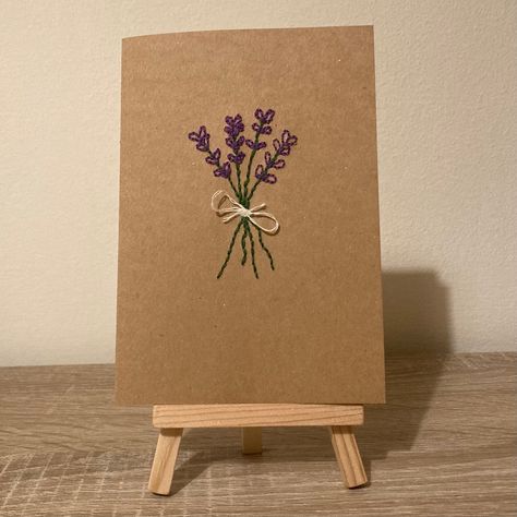 Beautiful handmade embroidered card. This A6 card features a minimalist, embroidered bunch of lavender. The inside is blank for your message. Perfect for an anniversary, thinking of you, birthday, Valentine's Day, Mother's Day and more occasions.   Envelope included.  Exact measurements of card are 10.5cm by 14.9cm. Handmade Thank You Card, Thinking Of You Homemade Card Ideas, Beautiful Cards Handmade, Easy Lavender Embroidery, Embroidery Birthday Card, Birthday Card Embroidery, Paper Embroidery Cards Simple, Lavender Card Design, Lavender Minimalist