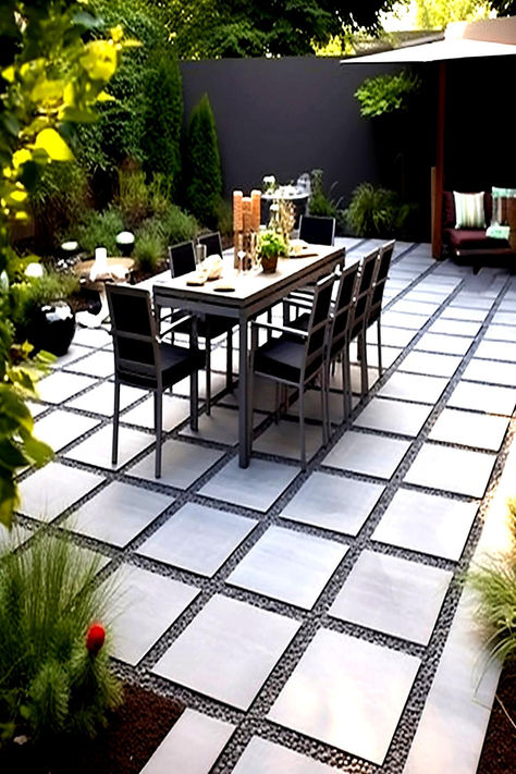 Chic outdoor patio with a geometric paver design, incorporating a sleek dining area, showcasing budget-friendly ideas for DIY patio upgrades. Front Of House Paver Patio Ideas, Step Stone Patio Ideas, 16x16 Paver Patio Ideas, Paver Ideas For Small Area, Paver Patio Ideas Layout Tile Patterns, Diy Patio With Pavers, Patio Paving Ideas On A Budget, Backyard Patio Paver Ideas, Backyard Paver Ideas Budget