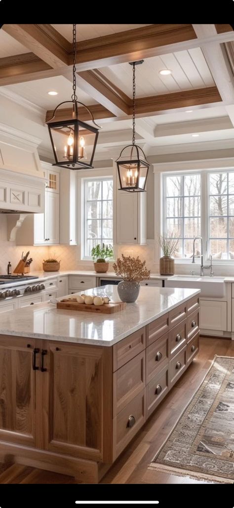 Home Building Kitchen Ideas, Kitchen With Breakfast Area, Large Kitchen Island No Sink, White Kitchens With Dark Islands, Oak Island White Cabinets, Stained Wood Island Kitchen, Boho Style Kitchen Ideas, White Kitchen With Island Ideas, Lvp Flooring Kitchen