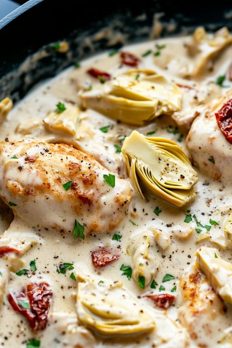 Indulge in a savory culinary experience with our delicious recipe for tender chicken breast paired with flavorful artichoke hearts. This mouthwatering dish is perfect for a cozy family dinner or impressing guests at your next gathering. The combination of juicy chicken and tangy artichokes is sure to please even the pickiest eaters at your table. Treat yourself to a delightful meal that's easy to make and tastes like it came straight from a five-star restaurant. Artichoke Chicken Recipes, Recipes With Artichoke Hearts, Canned Artichoke Recipes, Chicken With Artichoke Hearts, Chicken Artichoke Recipes, Artichoke Chicken Bake, Best Chicken Breast, Five Star Restaurant, Artichoke Heart Recipes