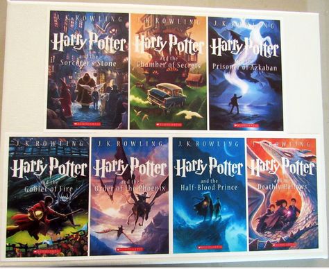 Harry Potter Decor. These are a set of 'alternate' covers from the internet, printed on card stock and decoupaged to an 8 x 10 canvas.  Not shown are a series boxed set of paper back Harry Potter Books from Amazon. Book Series Covers, Harry Potter Book Covers, Linocut Artists, Hp Book, Harry Potter Book, Books A Million, Rowling Harry Potter, Harry Potter Books, Harry Potter Series