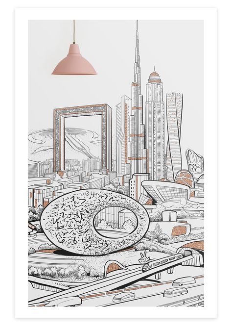 Dubai City Drawing, Uae Culture Drawing, Uae National Day Drawing Ideas, Uae Painting Ideas, Dubai Drawing Sketch, Dubai Painting Art, Dubai Illustration Art, Uae Illustrations, Dubai Doodle