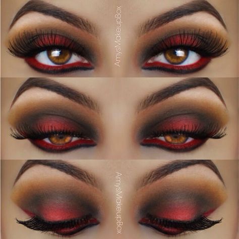 Red and black bold eyeshadow Red And Black Eye Makeup, Black Harley Quinn, Harley Quinn Makeup, Black Eye Makeup, Red Eye Makeup, Trendy Eyeshadow, Vampire Makeup, Halloween Eye Makeup, Red Makeup