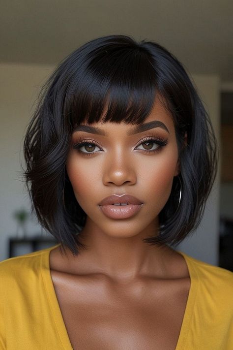 Top 3 Short Human Hair Wigs For Black Women Trends You Need to Know This Year Black Hairstyles Bob Mid Length, Black Women Hairstyles With Bangs, Natural Bob Hairstyles For Black Women, Black Woman Bob Hairstyles, Bob With Bangs For Black Women, Relaxed Hairstyles For Black Women, Curly Bob Hairstyles For Black Women, Shoulder Length Hair Black Women, Very Short Bob Black Women