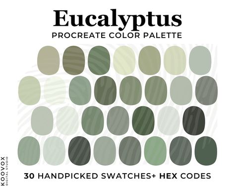 Eucalyptus Green Color Palette for Procreate, Procreate Swatches, Eucalyptus Color Palette HEX Code, Green Color Scheme, Dusty Green Wedding - Etsy UK Shades Of Green Palette, Green Pallets, Color Palette Hex Code, Eucalyptus Color Palette, Dusty Green Wedding, Eucalyptus Color, Color Palette For Procreate, Party Palette, Green Herbs