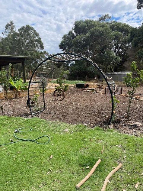 Trampoline Garden Arch, Trampoline Archway, Trampoline Moon Gate Diy, Trampoline Arch, Oregon Gardening, Recycled Trampoline, Greenhouse Studio, Trampoline Ideas, Trampoline Bed