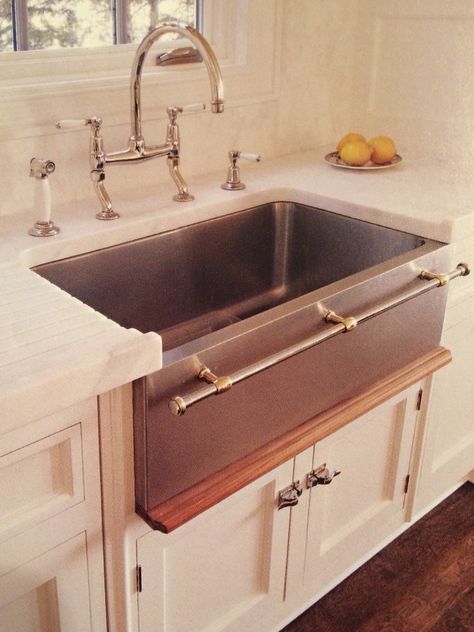 Farmhouse sink with towel bar! Farmhouse Sink With Towel Bar, Apron Sink With Towel Bar, Fluted Farmhouse Sink, Kitchen Towel Hanging Ideas, 1910 House Interior, Sink With Towel Bar, Kitchen Apron Sink, Stainless Steel Apron Front Sink, Towel Hanging Ideas