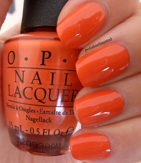 OPI - Call me Gwen-ever. Nail polish from The Amazing Spider-man collection Orange Nail Polish Colors, Gwen Nails, Opi Gel Orange Colors, Fall Pedi, Spiderman And Gwen, Opi Orange Nail Polish, Nail Polish Coral, Basketball Nails, Opi Orange Red Nail Polish