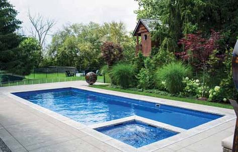 Pool With Tanning Ledge, Inground Pool Lights, Pool With Hot Tub, Inground Pool Designs, Rectangle Pool, Diving Pool, Freeform Pools, Fiberglass Pool, Fiberglass Swimming Pools