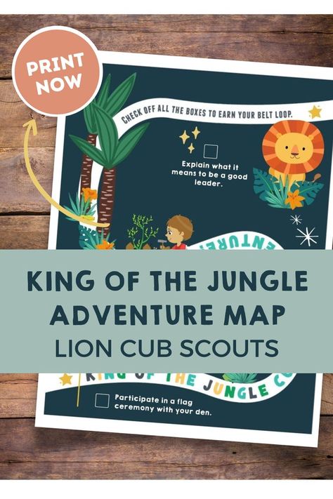 A printable map for lion cub scouts to use as they work on completing their King Of The Jungle requirement. It has boxes to put stickers or check marks in. Jungle Lion, Adventure Map, King Of The Jungle, Jungle Adventure, Cub Scout, Printable Maps, Lion Cub, Cub Scouts, Teach Kids