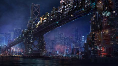 ArtStation - San Francisco–Oakland Bay Bridge, Joanna Kizinska Minimal Color Palette, Video Game Artist, Cyberpunk Rpg, Iphone Wallpaper Sky, Cyberpunk City, Arte Cyberpunk, Futuristic Art, Cyberpunk Art, Fantasy Artist