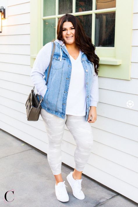 This hooded denim jacket was just restocked in a few sizes but won’t last long! They also just released a classic distressed one that I picked up too. Also linked these fabulous leggings! Wearing a 2X in the leggings and the tee. What to wear for a casual date. White sneakers | Nicole Weisman, Curves To Contour | Plus Size Fashion Outfits Hooded Denim Jacket Outfit, Chunky White Sneakers Outfit, Plus Size Fashion Outfits, Women Gym Outfits, White Sneakers Outfit, Affordable Outfits, Casual Outfits Plus Size, Plus Size Winter Outfits, Denim Jacket Outfit