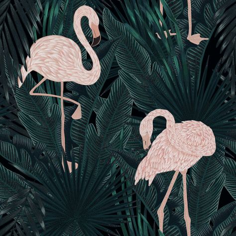 Pink Flamingo Wallpaper, Florida Flamingo, Moody Green, Green Palm Leaves, Flamingo Wallpaper, Tiki Hut, Tropical Wallpaper, Wallpaper Rolls, Beach Design