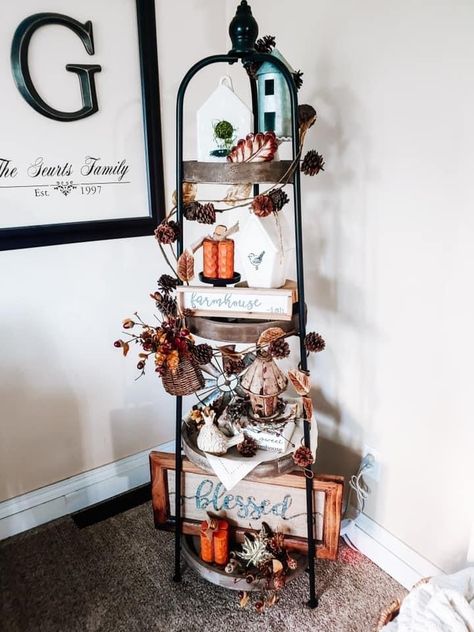 Floor Shelves, Hobby Lobby Shelf, Flower Arrangements Ideas, Rolling Pin Crafts, Indoor Fall Decor, Hobby Lobby Decor, Tiered Shelf, Pattern Interior, Tier Trays