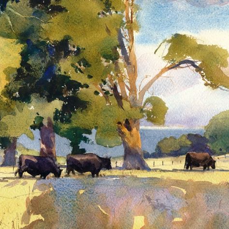 Watercolor Art Landscape Village, Composition Art Paintings, Mike Kowalski, Crk Designs, Watercolor Plein Air, Watercolor Interior, Farm Watercolor, Watercolor Masterpiece, Cow Paintings