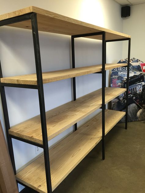 Wood Store Shelving, Diy Retail Shelving, Large Shelving Unit, Shop Shelves Design, Metal And Wood Shelves Pantry, Shelves Industral, Industrial Shelf Unit, Wood And Metal Shelves Wall Units, Metal And Wood Shelving Unit