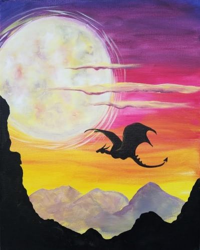 Learn to Paint Moonrise Dragon tonight at Paint Nite! Our artists know exactly how to teach painters of all levels - give it a try! Silhouette Painting, Paint Nite, Canvas Painting Diy, Small Canvas Art, Night Painting, Camping Art, A Dragon, Painting Art Projects, Science Art