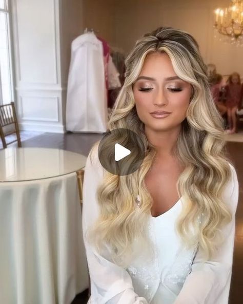 Theresa Mazza Bridal Hair on Instagram: "The most perfect bridal hair and makeup 🤌🏻  Hair: @theresa_theposhbride  Makeup: @stephrosemua  Venue: @valleyregencynj   #valleyregency #njbridalhair #halfup #halfdown #halfuphalfdownhairstyle #bridalhairdo #halfupdo #blondeinspo #weddingmakeupideas #hairinspo #blondebombshell #njvendors #njvenue #bridalhairstyling #bridalhairstyleideas #parkchateau #cedarlakesestate #destinationweddinghairstylist #destinationbride #bellamihair #weddingday #weddinginspo" Hair All Down With Veil, Bridal Hair With Strapless Gown, Bridal Hair Half Up Half Down Long, Half Up Half Down Wedding Hair With Tiara, Half Up Hair With Veil, Wedding Hair Down With Veil, Bridal Hair Down With Veil, Hair With Veil, Veil Placement