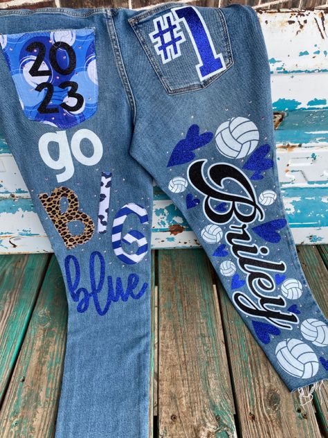 Created by Christina woth the Divarella Painted Jeans School Spirit Senior, Homecoming Pants Ideas, Senior Jeans Ideas High Schools, Senior Pants High Schools, Hoco Overalls, Homecoming Jeans Ideas, Homecoming Overalls, Homecoming Jeans, Hoco Jeans