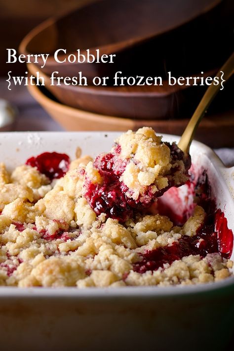 Plump, juicy, perfectly sweet berries baked under a buttery, chewy, sugar cookie topping. This Berry Cobbler takes 10 min to prepare and is crazy good. #berrycobbler #cobbler #easy #dessert #breakfast #fruitdessert #fruitcobbler | ofbatteranddough.com Best Berry Cobbler, Fruit Cobbler Recipe, Berry Filling, Mixed Berry Cobbler, Berry Cobbler Recipes, Cobbler Recipes Easy, Mixed Berry Pie, Cobbler Topping, Cookie Toppings