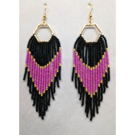 Earrings Beaded Black, Pink & Gold Gold Hexagon With Black, Pink And Gold Colored Czech Glass Beads. 15 Strands Of Beads On Each Earring Nickel Free 3.5" Long Beaded Banners, Gold Bead Earrings, Native American Symbols, Earrings Beaded, Bead Work Jewelry, Beaded Jewelry Patterns, Seed Bead Earrings, Jewelry Patterns, Czech Glass Beads