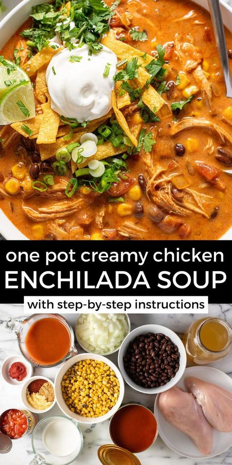 Chicken Enchilada Soup Stovetop, Chicken Enchilada Soup Instant Pot, Soups Fall, Creamy Chicken Enchilada Soup, Cozy Soups, Tortilla Strips, Creamy Chicken Enchiladas, Comforting Soup, Chicken Enchilada Soup