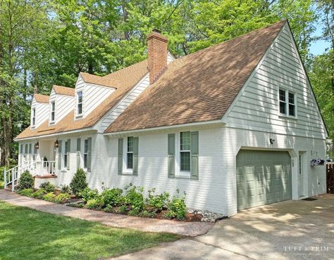 Painted Brick House Exterior Red Roof, Limewash Cottage, White House With Tan Roof, White And Brick House Exterior, Light Brown Roof Exterior Colors, White Brick Colonial House, White House Brown Roof, Limewashed Brick Exterior, Avorio White Limewash