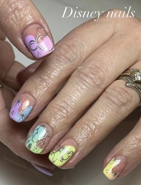 Colourful Disney Nails, Summer Disney Nails 2024, Disney Epcot Nails, Pixar Cars Nails, Disney World Nail Art, Disney Nails Acrylic Short, Inside Out Nails Disney, Inside Out 2 Nails, Disney Theme Nails Design