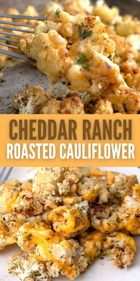 With the tangy flavors of cheddar cheese and ranch seasoning, this easy roasted cauliflower recipe is destined to become a new favorite side dish. Vege Sides Dishes, Ranch Cauliflower Recipes, Cauliflower Side Dish Recipes Healthy, Easy Keto Cauliflower Recipes, Delicious Veggie Sides, Easy Roasted Cauliflower Recipes, Seasoned Vegetables Recipe, Cauliflower Rice Side Dish Recipes, Dinner Sides Easy Healthy